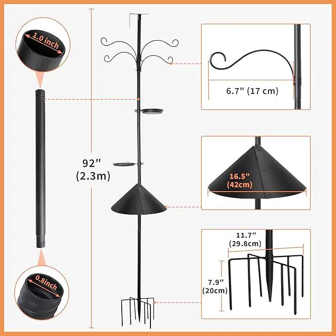 eWonLife 92 Inch Bird Feeder Pole with Squirrel Baffle & Upgraded 9-Prong Base, Adjustable Bird House Pole for Outdoors Heavy Duty, Bird Feeder Stand Post Station with 4 Shepherd Hooks, Birdbath, Tray, photo 6 of 7