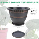 4 Pack 12 Inch Large Plant Pots, Plastic Flower Pot for Indoor & Outdoor with Drainage Holes & Saucer, Plaid Pattern Planters Garden Pots for Herbs Bronze by CozyNest Decor