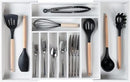 Premium Silverware, Flatware and Utensil Organizer for Kitchen Drawers, Food-Safe Contract Grade, Expandable from 16 to 28 In, White Bamboo by CozyNest Decor
