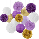 Purple White-Gold Party-Decorations Paper Flowers Lanterns - 15PCS Graduation Lavender Tissue Pom Poms Streamers,Wedding Birthday Bachelorette Baby Shower Classroom Hanging Supplies Decor Hugfond by CozyNest Decor