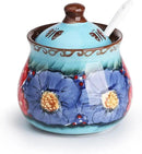 silesia Handmade Sugar Bowl with Lid and Spoon, 9 Ounce Ceramic Hand-Painted Sugar Jar for Home in Gift Box, Kitchen Decor, Oven, Dishwasher & Microwave Safe, Glazed Blue by CozyNest Decor