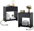 Fluted Nightstand Set of 2 with Charging Station, Modern Bed Side Table End Table with Drawer Storage, Large Wooden Night Stands Bedside for Bedroom Living Room Sofa Office, Black 2 Sets by CozyNest Decor