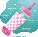 Kid Insulated Stainless Steel Tumbler with Silicone Straw, 12oz Sippy Cup for Kids (Pink Checkerboard) by TinyTreasures Baby Boutique