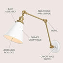 JONATHAN Y JYL7462B Rover 7" Classic Industrial Metal Adjustable Arm LED Wall Sconce, White/Brass Gold for Bedroom, Bathroom, Vanity by CozyNest Decor