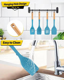 Pack of 4 Silicone Kitchen Utensils Set, Non Stick Solid Spatulas and Heat Resistant Slotted Spoons with Wooden Handle, Ideal BPA Free Cooking Utensils for Mixing,Serving,Turning,Stirring(BLUE) by CozyNest Decor