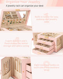 AKOZLIN Large 4-Tier Jewelry Box Leather Jewelry Storage Organizer with 3 Drawers Lockable for Women Girls Ring Necklace Earring Bracelet Watches Holder with Mirror Pink by TinyTreasures Baby Boutique