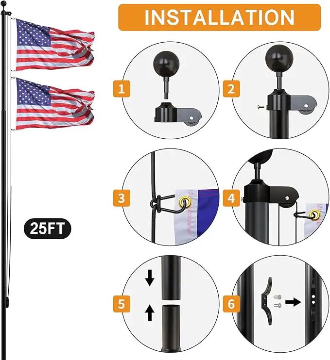 NELXINJO 20FT Sectional Flag Pole Kit, Heavy Duty Aluminum Outdoor In-Ground Flagpole, Black Ball Top, 3x5 USA Flag for Residential commercial Outdoor Garden(20FT, Black), photo 6 of 6