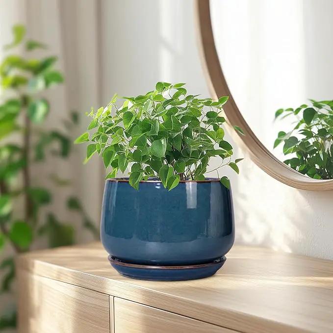 G EPGardening Ceramic Pot for Plants - Modern 7 Inch Round Planter with Drainage and Tray Indoor Outdoor for Flower, Porch Decor, Gardening Gifts, Retro Blue, photo 6 of 8
