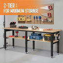 Albott 84" Adjustable 2-Tier Workbench with Solid Wood Top, Max 2000lbs Capacity, Built-in Power Strip with 4 AC Outlets & 2 USB Ports, Pegboard & 20 Hooks, Shop Garage Office by GreenHaven Gardens