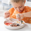 Bumkins Toddler Utensils, Kids Size Fork and Spoon Set, Silicone and Stainless-Steel Training Silverware, Angled Forks/Sporks for Self-Feeding, Children Hold Learning to Eat, 18 Mos Up, Sand Beige by TinyTreasures Baby Boutique