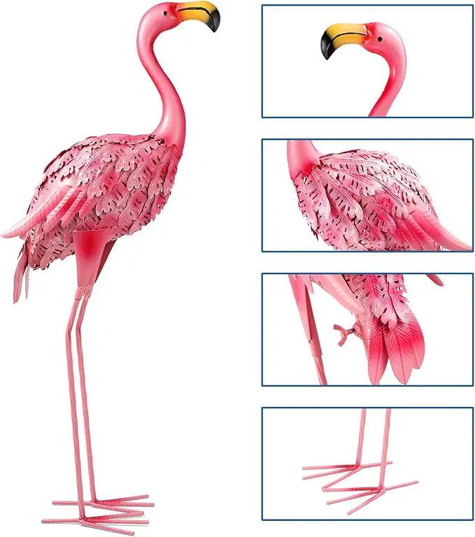 Garden Statues Flamingo Sculptures Metal Yard Art, Pink Bird Art Outdoor Backyard Decor Patio Lawn Porch Ornament Flamingo Yard Decoration (Pink with White), photo 5 of 6