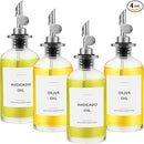 Olive Oil Dispenser Bottle - Includes 55 Kitchen Essential Labels - Cooking Oil Bottles for Kitchen, Coffee Syrup Dispenser - Pourer Spout with 11.8 fl oz Glass Container Cruet - 4pcs Silver by CozyNest Decor