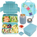 Kids Lunch Bag with 10oz Thermos, with 6 Compartment Bento Box, Blue Nylon Insulated Preppy Lunch Box Adjustable Strap Birthday Gift for Girl Kids Teens Picnic School Travel by TinyTreasures Baby Boutique
