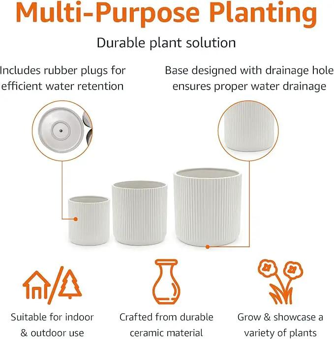 Amazon Basics Assorted Sizes Fluted Ceramic Round Indoor Outdoor Planters with Drainage, Set of 3, Modern Design, 6 inch, 8 inch, 10 inch, White, photo 2 of 7