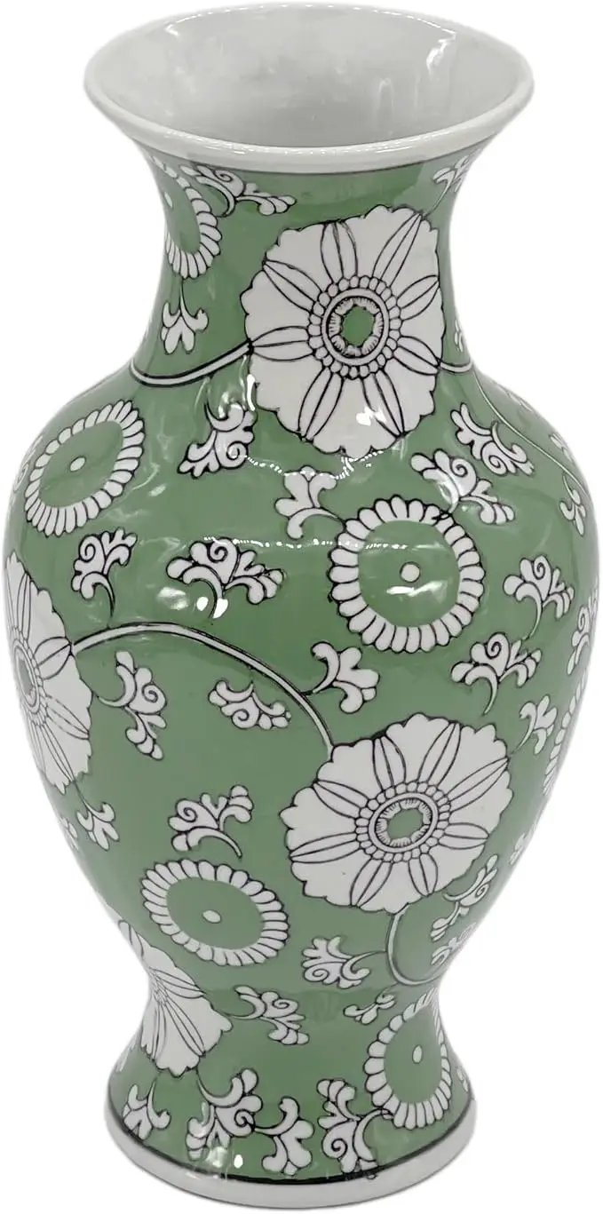 Galt International Floral Chinoiserie Ceramic Vase 14" - Hand Painted Antique Style Porcelain Flower Bottle Fishtail Porcelain Chinese Vase for Home Decor Centerpiece