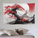 Cherry Blossoms Tapestry, Japanese Red Landscape Asian Watercolor Abstract Art, Bedroom Living Room Decor 90"x60" by CozyNest Decor