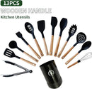 13-Piece silicone utensil set wood handle nonstick cookware safe dishwasher safe kitchen tools BPA free heat resistant (450°F/230°C) ceramic pan safe cooking gifts housewarming (Black) by CozyNest Decor