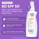 BU SPF 50 Kids Sunscreen Spray for Face and Body, Non Aerosol Spray, Fragrance Free, Clear, Non Greasy, Water Resistant, Fragrance Free 3.3 oz by TinyTreasures Baby Boutique