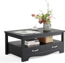 LINSY HOME Farmhouse Coffee Table with Storage, Wood Coffee Table for Living Room, Open Display Area and Storage Drawers with Metal Handles, Chic Style with Curved Base, Black by CozyNest Decor