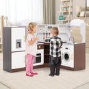 Costzon Corner Kids Kitchen Playset, Wooden Play Kitchen with Sounds & Lights, Washing Machine, Ice Maker, Microwave, Oven, Sink & Faucet, Pretend Toy Kitchen Set for Toddler, Gift for Boys Girls by TinyTreasures Baby Boutique