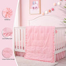 Cloele 3 Pieces Crib Bedding Set for Girls- Solid Ruffle Quilted Includes Comforter Fitted Sheet Crib Skirt,Cute Ruffled Nursery Baby Crib Standard Size Baby Bedding Set Pink by TinyTreasures Baby Boutique