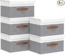 Yawinhe Collapsible Storage Bin, Cube Organizer Basket, Fabric Box with Lids, Washable and Leather Handle, for Home, Closet, White/Grey, 13.0''Lx9.0''Wx7.9''H, 5-Pack, SNK024WGS-5 by TinyTreasures Baby Boutique