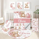 Custom Baby Crib Set, 5 Pcs Personalized Name Pink Bear Theme for Infants Toddlers, Nursery Bedding for Girls, Double Layer Customized Gifts by TinyTreasures Baby Boutique
