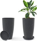 GameXcel Tall Flower Pot Indoor - Outdoor Plant Pot - Black Glossy Planter - Elegant Stone Imitation - 12" Diameter 21" Tall with Drainage Holes and Saucer 2Pack by CozyNest Decor