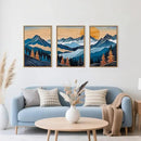 Blue Woodcut Mountain Framed Canvas Wall Art Set, Boho Abstract Ridge Wall Decor, Pine Tree Landscape Wall Painting, Sunrise Forest Art Print for Living Room, Bedroom, Office - 16"X24"X3 by CozyNest Decor