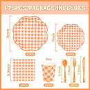 175 Pcs Orange and White Gingham Party Supplies - Orange Gingham Paper Plates and Napkins Sets Serve 25 - Scalloped Checkered Plates for Birthday Picnic Fall Halloween Thanksgivng Party Decorations by CozyNest Decor