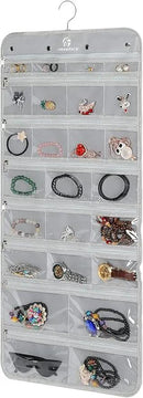 Freegrace Hanging Jewelry Organizer Revolving Hanger - Secure Zipper Closure - 25 Pockets,23 Hooks - Foldable Storage & Display Solution - For All Jewelry & Bijoux (Gray)