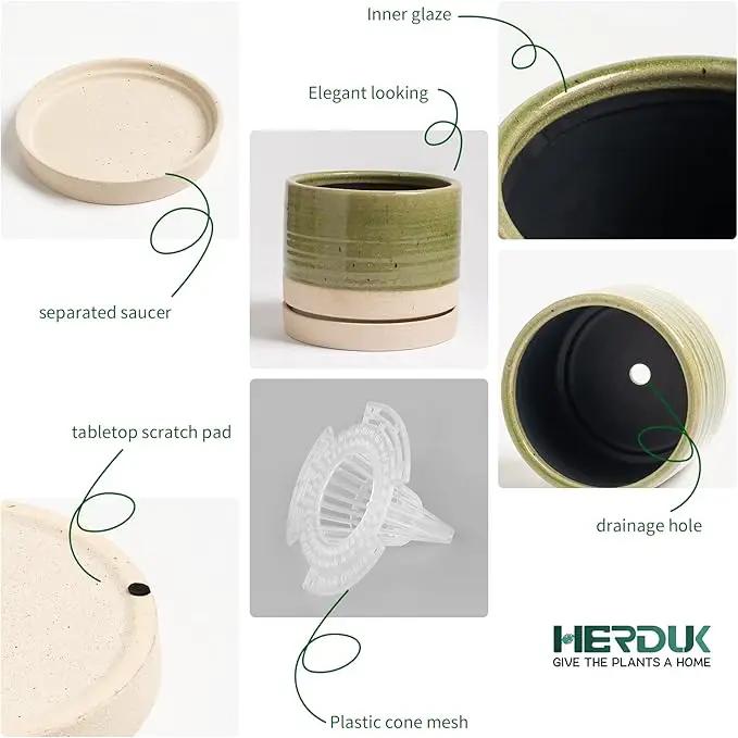 8 Inch Pots for Plants, Ceramic Planter Pot with Drainage Hole & Saucer, Indoor/Outdoor Cylinder Round Planter Pot, Green & Beige, photo 4 of 6
