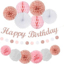 Light-Pink Rose-Gold Birthday Garland Party-Decorations - 14pcs Happy Banner Women Paper Flowers Lanterns Tissue Pom Poms,Streamers Fans Honeycomb Girls Adult Women Kids Hanging Supplies Decor Hugfond by CozyNest Decor