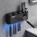 Toothbrush Sanitizer, Self Adhesive Toothbrush Holder with 3 Cups, Automatic Toothpaste Squeezer Dispenser Bathroom Accessories Set (Black) by CozyNest Decor