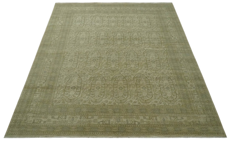 7.10x9.7 Traditional Ivory and Olive Antique Style Hand knotted Wool Area Rug, Kids, Living Room and Bedroom Rug