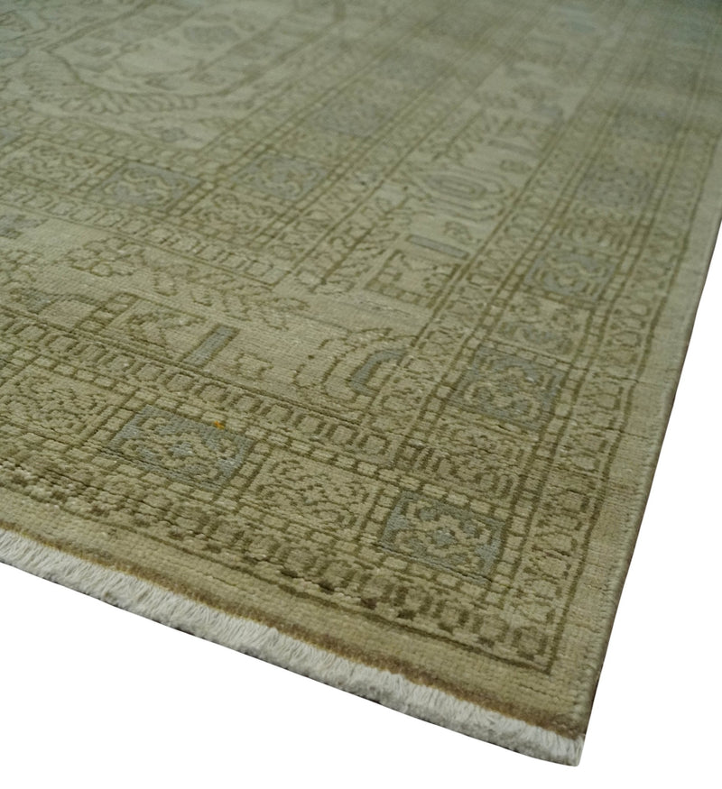 7.10x9.7 Traditional Ivory and Olive Antique Style Hand knotted Wool Area Rug, Kids, Living Room and Bedroom Rug