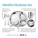 Ahimsa Stainless Steel Kids Dinnerware Set - 5 Piece Toddler Plates and Bowls Set, Pediatrician Designed, Includes Non Toxic Toddler Plate and Bowl, Kids Utensils and Cup (Classic Stainless Steel) by TinyTreasures Baby Boutique