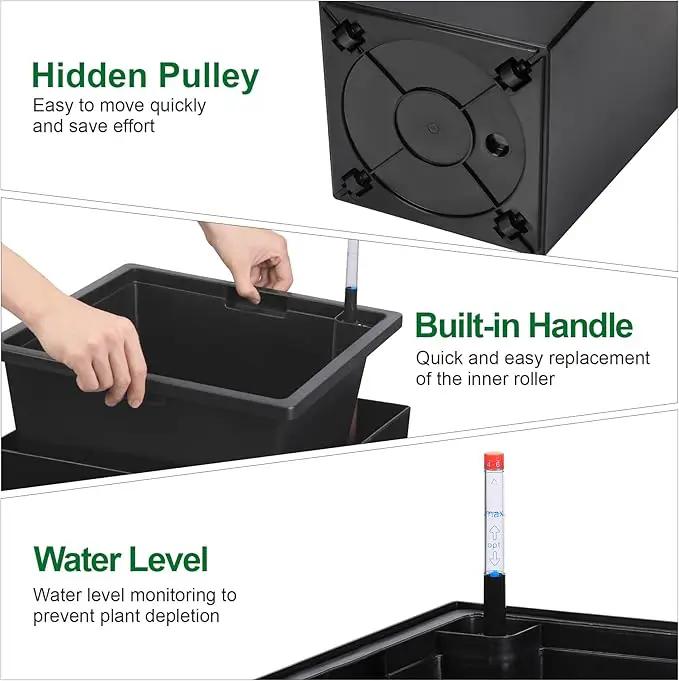 30" Tall Planters Set of 2, Outdoor＆Indoor Black Planter Pots, High Front Porch Planter Pots with Drainage Holes＆Water Level Monitor Movable Wheels ＆Inner Bucket, Automatic Watering,Black, photo 4 of 6