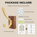 4 Pack Wooden Wall Hooks for Hanging, Adhesive Mounted & Wall Mount Nature Wood Coat Hook for Towel Clothes Blanket Hat Backpack Robe Nursery Door Board Entryway Key Holder Brushed Gold by CozyNest Decor