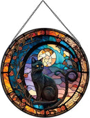 Black Cat Stained Glass Window Hangings,Suncatcher Stained Glass for Windows for Cat Lovers,20cm/7.87inch Hand-Painted Sun Catcher Garden Hangings Halloween Fall Christmas Decor for Home by GreenHaven Gardens
