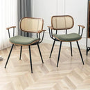 Rattan Dining Room Chairs Set of 2,Mid Century Modern Kitchen Side Chairs,Metal Legs Desk Chairs,Green Modern Corduroy Fabric Accent Chairs with Arms and Rattan Backrest by CozyNest Decor