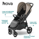 Mompush Nova Baby Stroller for Toddler, Infant & Newborn | Spacious Seat & Lie-Flat Mode | Compact One-Hand Fold, UPF 50+ Canopy & All-Wheel Suspension | Includes Rain Cover & Cup Holder, Khaki by TinyTreasures Baby Boutique