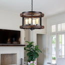 4-Light Large Rustic Farmhouse Wood Pendant Light Fixture with Adjustable Chain, 16.5 inch Oak Wood Drum Chandelier for Dining Room Kitchen Island Farmhouse Living Room Hallway, Black by CozyNest Decor