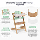 Cowiewie Natural Wooden High Chair for Babies & Toddlers 3-Tier Remove Adjustable Tray and Highchair with Cushions, Easy to Clean, Portable(Green) by TinyTreasures Baby Boutique
