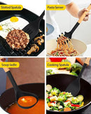 Silicone Kitchen Utensil Set for Non Stick Cookware, 7 Pcs Heat Resistant Cooking Utensils with Wooden Handle, BPA Free Kitchen Tools with Spatulas, Spoons, Skimmer and Pasta Fork (BLACK) by CozyNest Decor