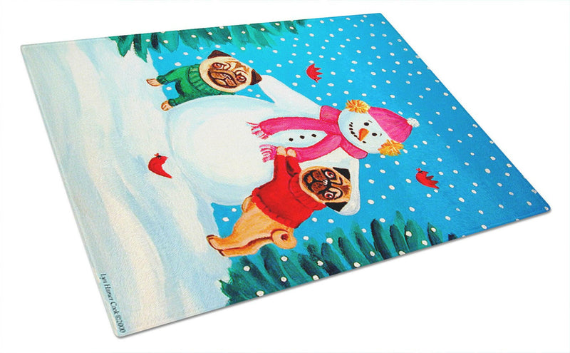 Snowman with Pug Glass Cutting Board Large