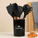 Silicone Cooking Utensils Set, Premium Beech Wood Handle Kitchen Gadgets Utensil Set, Non-Stick Kitchen Utensils Spatula, Tongs, Turner, Whisk, Brush, Spoon, BPA FREE, 446°F Resistant (Black) by CozyNest Decor