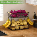 2 Tier Fruit Basket for Kitchen Counter with 2 Banana Hangers, Countertop Metal Fruit Bowl with Wooden Handle, Large Storage Stand for Vegetables, Snacks, Breads, Produce Storage – Black by CozyNest Decor