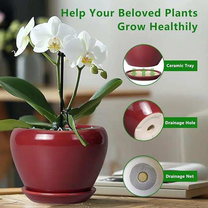 10 Inch Plant Pot - Ceramic Planter Pot with Drainage Hole and Saucer Large Planter for Indoor Plants Round Outdoor Flower Pot Mid-Century Decor Red, photo 6 of 7