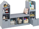 Vabches Toy Storage Organizer for Kids Bookshelf with Reading Nook, Multifunctional Bookcase with 7 Storage Cubbies, 2 Movable Drawers and Seat Cushion for Keeping Kids' Toys Books Organized, Grey by CozyNest Decor
